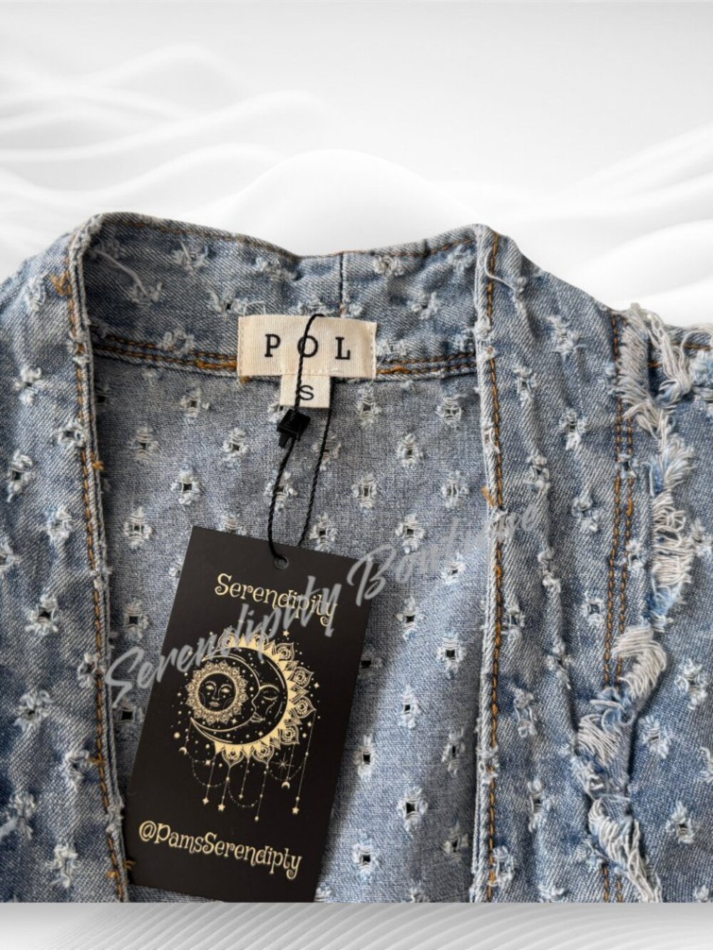 POL NWT Denim Eyelet Lace Peace Sign Maxi Duster Kimono Jacket Boho Festival - Picture 9 of 11